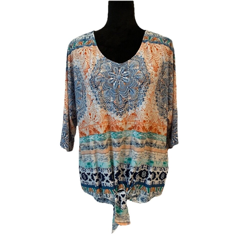 Chicos Size 2 Top Womens Large Blue Orange Medallion V Neck Tie Waist